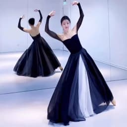 Black White Double Layered Chiffon Skirt 360 Degree Rotation Dance Costume New Style Human World Dancewear Maxi Skirt