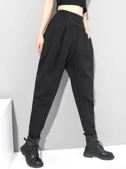 [EAM] High Elastic Waist Black Brief Long Harem Trousers New Loose Fit Pants Women Fashion Tide Spring Autumn 2026 1DC419