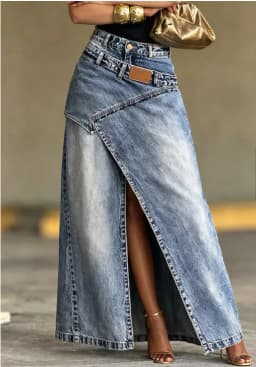 Ladies Vintage Washed Denim Long Skirt Irregular Overlap Design High Split Maxi Skirt High Waist Fashion Casual