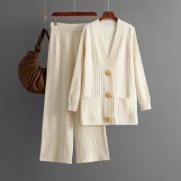 Autumn/winter Casual Women's Knitted Pants Set V-neck Long Sleeved Single Breasted Knitted Sweater Cardigan+ Wide Leg Pants