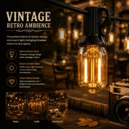 Outdoor Solar String Light Waterproof E12 Glass T22 Amber Bulbs 1W LED Retro Patio Lights for Outside Backyard Bistro Garden