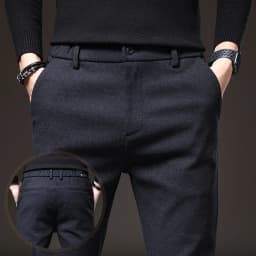 Autumn Winter Men's Casual Pants Solid Color Business Elastic Waist Slim Fit Stretch Thick Gray Black Blue Cotton Trousers Male