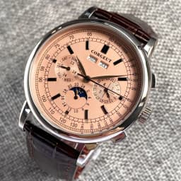 Corgeut 42mm Automatic Men's Watch Date Day Month Year Salmon Dial Multifunction 316L Leather Strap Polished Case Day Night