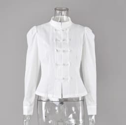 2026 New Chinese Frog Button Stand Collar Slim Blouse Puff Sleeve Linen Shirt Elegant Commute Y2K White Women Daily Fit Top