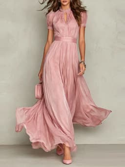 Vintage Solid Lace A-Line Long Dress Women's O Neck High Waist Pleated Party Dress Summer Short Sleeve Flowy Maxi Dresses