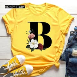 Large Size Yellow T-shirt for Men And Women with Black Fashion Trend Print of Flowers 26 English Letters Casual Short Sleeve Top