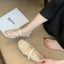 Mesh Embroidery String Bead Design Women Ballet Flats Fashion Buckle Breathable Mary Jane Shoe Comfort Low Heel Soft Flat Sandal