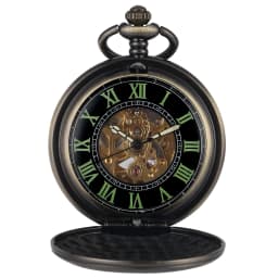 Bronze Automatic Mechanical Pocket Watch with Luminous Green Roman Numerals Dial 30cm Fob Chain Retro Pocket Timepiece Gift