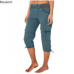 2026 Women's Summer Casual High Waist Drawstring Pocket Workwear Pants Solid Loose Wide Leg Extendable Cuffs 7-inch Pants Female