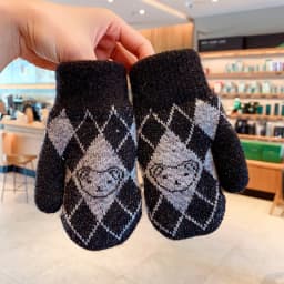 Kids Winter Knit Mittens Fleece Warm Argyle Plaid Simple Bear Jacquard Stretchy Rib Cuff Cold‑proof Vintage Style Gloves 2026