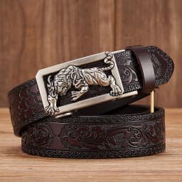 Fashion Tiger Buckle with Tang Grass Pattern Split Leather Belt for Men Work of Art Belt Automatic Buckle Business Belt