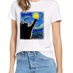 Cat & Starry Night Painting Pattern T-Shirt, Cute Crew Neck Short Sleeve Top For Spring & Summer, Women's Clothing