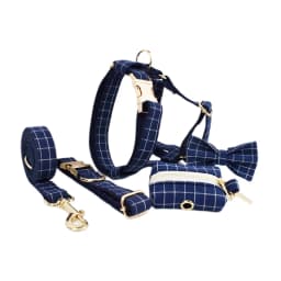 Dark Blue Check Dog Collar Leashes Harness Bow Set Grid 02