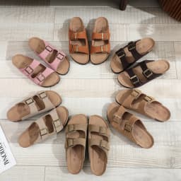 Birken Genuine Leather Women's Flat Slide Sandals - 2 Strap Design, Arch Support, Non-Slip, Cork Footbed, Slip-On Style