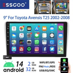 ESSGOO 9" Touchscreen Android14 For Toyota Avensis 02-08 GPS Navi FM Autoradio Wireless Carplay Android Auto GPS Navi BT Wifi FM