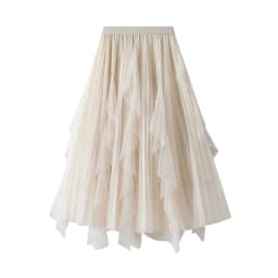 Women's Lotus Leaf Edge A Line Fairy Elastic Waist Tulle Skirt Midi High Waist Mesh Dress Solid Color Irregular Yarn Skirt D8808