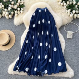 Elegant Retro Polka Dot Pleated High Waist A-Line Skirt Women's Commute Long Dress Slimming Pleat Drapey Feel Half Skirt