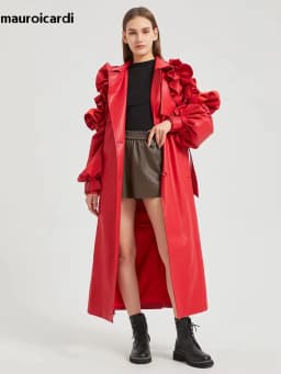 Mauroicardi Spring Extra Long Black Ruffled Soft Faux Leather Coat Women Belt Elegant Chic Luxury Designer Clothes Overcoat 2025
