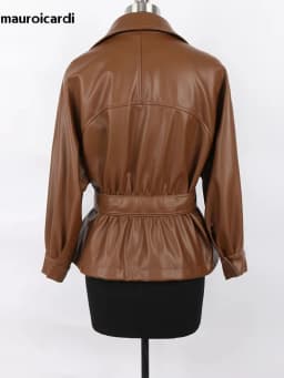 Mauroicardi Spring Short Fitted Brown Soft Lightweight Pu Leather Jacket Women Raglan Sleeve Sashes Black Fall Clothes 2025