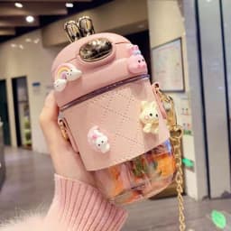 Cute Rabbit Ear Plastic Water Bottles With Straw For Girls Kids Portable Strap Student Bottle With Cup Cover Anti-drop BPA Free