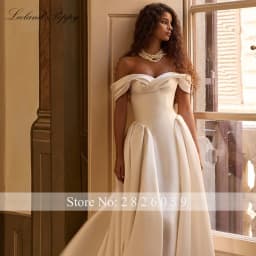 Lceland Poppy Customized A Line Mikado Satin Wedding Dresses Off the Shouler Bridal Gowns with Chapel Train