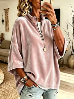 Autumn Winter Velvet Solid Half Zip Sweatshirts Stand Collar 3/4 Sleeve Loose Casual Pullover Tops Women Vacation Daily Hoodie