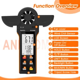 Digital Anemometer Wind Speed Meter, 6-in-1 Wind Gauge for Velocity/Temperature/Relative Humidity, Auto-Off with Data Hold