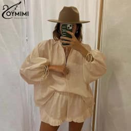 Oymimi Elegant White Cotton 2 Piece Sets Women Outfit Fashion Wrist Sleeve Lace-Up Blouse And High Waist Pleated Shorts Sets