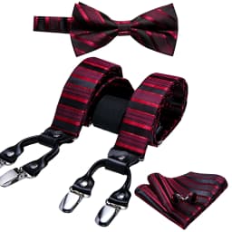 Burgundy Black White  Mens Suspender Adjustable 6 Clips Jacquard Braces Bowtie Hanky Cufflinks Set Silver Gold