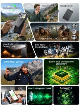 Cubot Kingkong Dura Rugged Android Smartphone 16 20Gb(8+12) & 32Gb(12+20) Ram, 128Gb/256Gb Rom, 6.88" 120Hz Display, Nfc, Face Id & Fingerprint Unlock