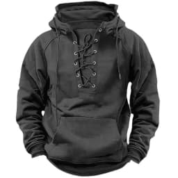 Spring And Autumn New Men's Hooded Solid Color Sweater Blue Sports Multi-Pocket Leather Sweater Tooling