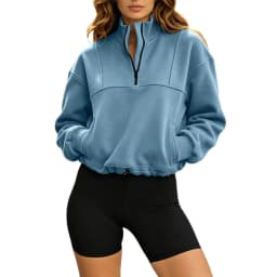 Women Half Zip Cropped Sweatshirt Stand Collar Long Sleeve Drawstring Hem Pullover With Pockets Loose Casual Y2k Cropped Hoodies