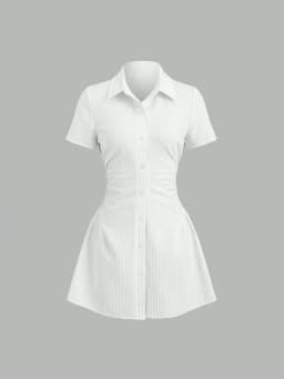 Women's Summer Mini Dress V Neck Bubble Sleeve Pleated A Line Shirt Dress Casual Short Dresses for Women