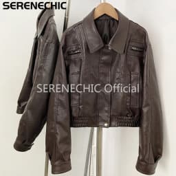 SERENECHIC Textured PU Aviator Coat with Elastic Hem Women's Black Cropped Faux Leather Jacket New Vintage Outerwear Female