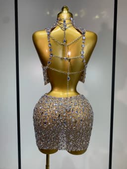 High Quality Sparkling Rhinestone Sexy See Through Blackless Top Skirt Two Pieces Set Woman Luxury Birthday Evening Party Gowns