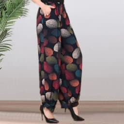 High Waist Lantern Pants Casual Cotton Silk Large Size Printed Long Trousers for Middle-Aged And Elderly Women