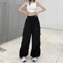 Chic Matching Loose Women's Wide Leg Pants Elastic Waist Drawstring Patchwork Straight Leg Pant Casual Streetwear New Sportswear