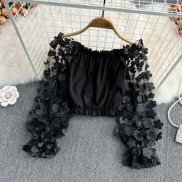 Flower Three-dimensional Decoration Slash Neck Long Sleeve Women's Blouse Shirt Korean Fashion Female Clothing Tops 2025 Summer