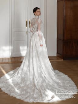 Wedding Dress Customized High Neck Long Sleeves Beading Sequined Lace Applique Court Train A Line Woman Bride Bridal Gown