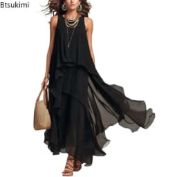 Women's Elegant Solid Dress Summer Casual O Neck Sleeveless Asymmetrical Ruffle Layered Chiffon Maxi Dress Holiday Party Dress