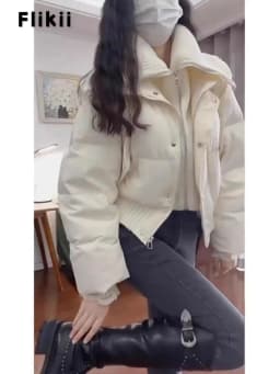 Women Casual Basics Long Sleeve Single Breasted Parkas Chic Short Outerwear Jacket Warm Patchwork Zipper Thick Knitted Coat