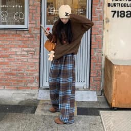 Blue Plaid Thickened Woolen Casual Pants Straight Leg Wide Leg Floor Length Trousers Autumn Winter New Style Trendy Women's Long