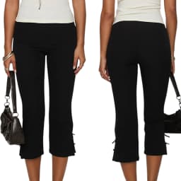 Combhasaki Women's Y2K Cute Capri Pants Solid Color Satin Bow Decor Side Split Summer Slim CroppedTrousers Stretch Crop Leggings