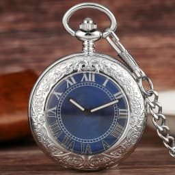 Transparent Glass Roman Numerals Blue Dial Automatic Mechanical Pocket Watch Silver Fob Chain Pendant Pocket Clock Vintage Gift