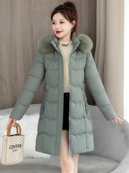 Detachable Fur Collar Thickened down Cotton Jacket Slimming Mid-Length Women's Korean Style Commute Pure Color Coat with Pocket