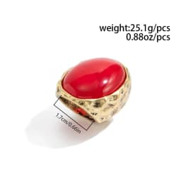 Retro Exaggerated Oval Red Resin Imitation Gemstone Metal Hammered Wide Face Ring for Women Charm Finger Jewelry Accessories