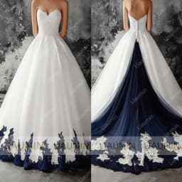 White Tulle Blue Lace Applique Strapless Floor Length Lace-Up Back Wedding Formal Prom Dresses Bridal Gown Customized Made W19-5