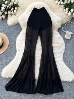 SINGREINY Sheer Mesh Stretchy Flare Pants Slim Solid High Waist Glamorous Flapper Women Summer American Ins Sexy Casual Trousers