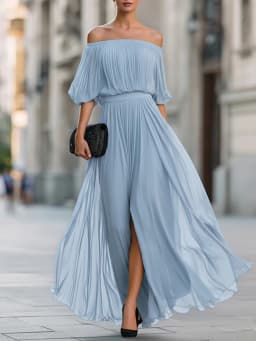 Spring Summer Off Shoulder High Waist Long Dress Casual Short Sleeved Holiday Dress Ladies Temperament Solid Color Chiffon Dress