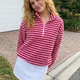Women's Striped Fleece Jacket Color Block Half Zip Sherpa High Neck Pullover Trendy Oversized Warm Fuzzy Sweatshirt